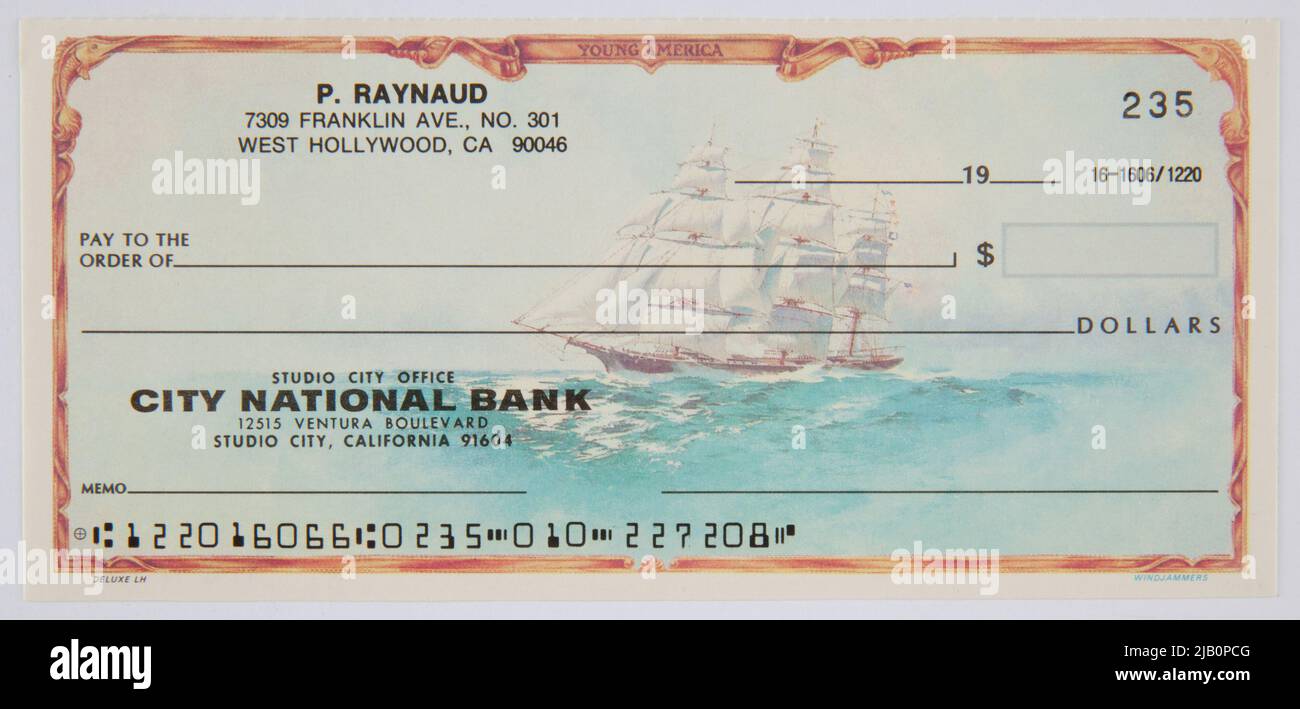 City National Bank cheque, États-Unis, B.R. (19 ), Blanktek Banque D'Images