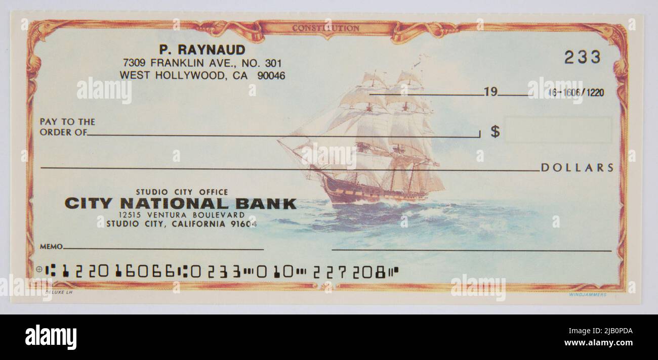City National Bank cheque, États-Unis, B.R. (19 ), Blanktek Banque D'Images