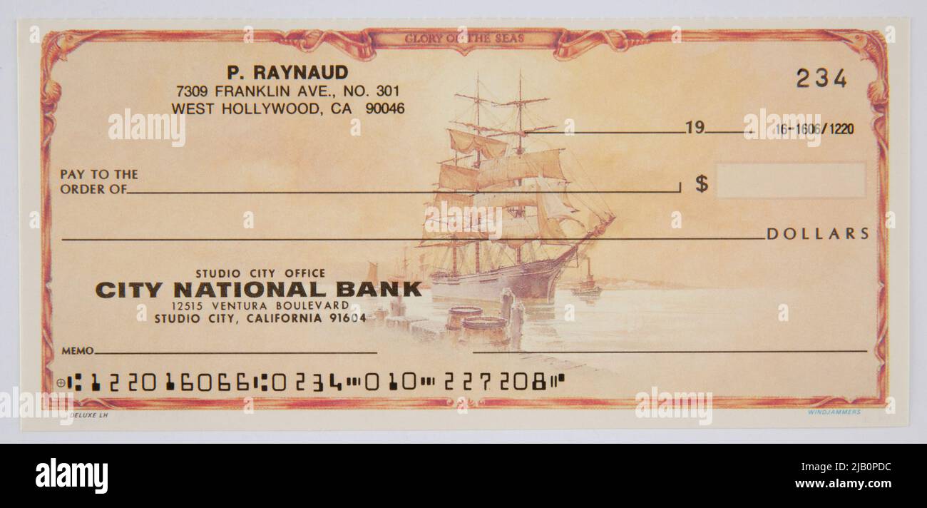 City National Bank cheque, États-Unis, B.R. (19 ), Blanktek Banque D'Images