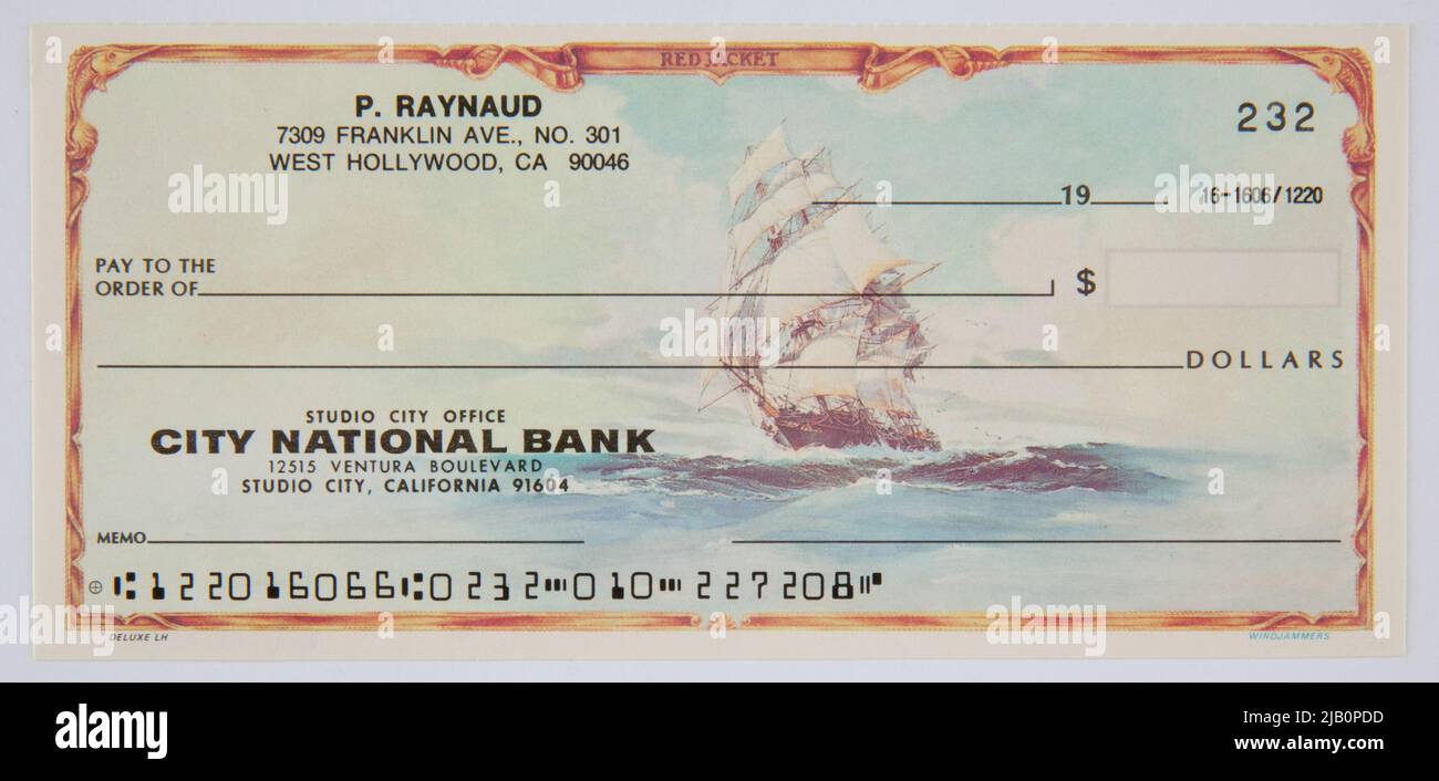 City National Bank cheque, États-Unis, B.R. (19 ), Blanktek Banque D'Images