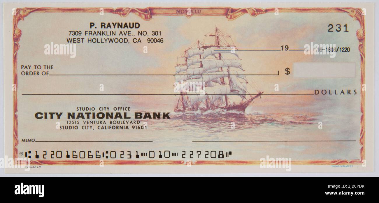 City National Bank cheque, États-Unis, B.R. (19 ), Blanktek Banque D'Images