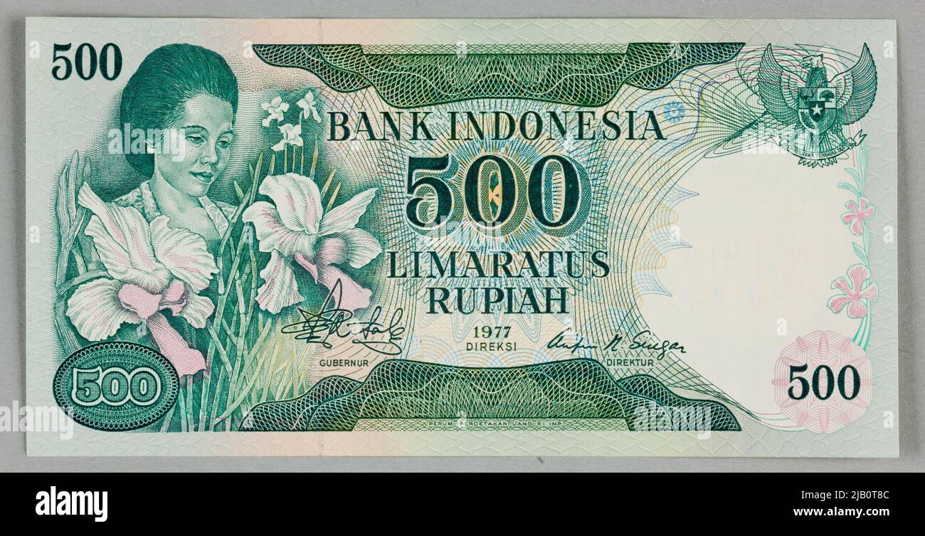 Billet de banque pour 500 Rupiah; Indonésie, 1977 Perum Printing Money Imp. Banque D'Images