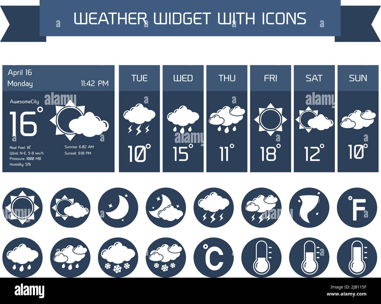 Météo détail prévisions ordinateur et mobiles widgets d'affaires avec vertical sombre collection d'icônes sur l'illustration vectorielle isolée blanche Illustration de Vecteur