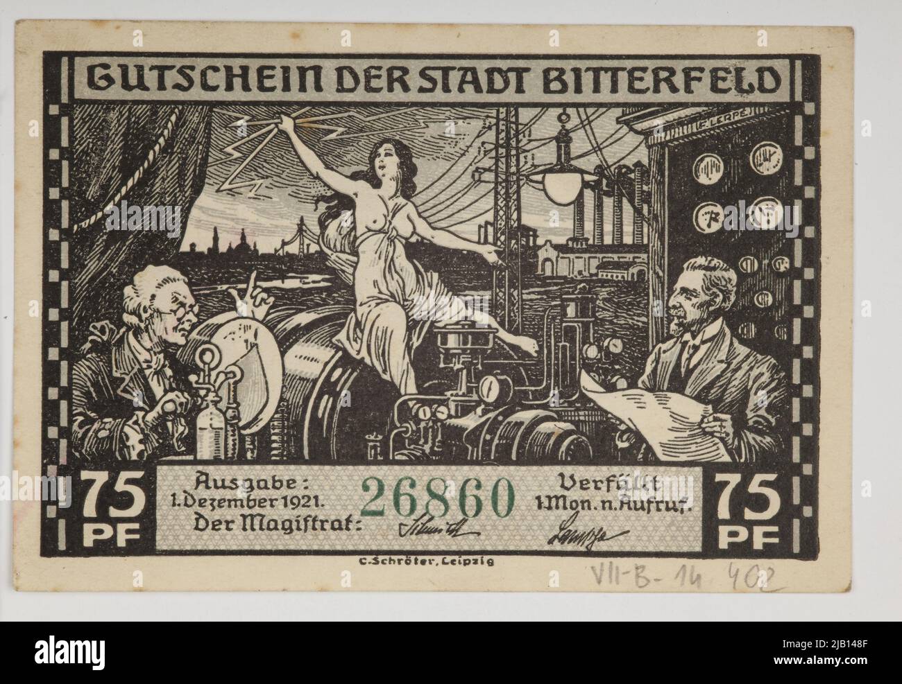 Bon de remplacement pour 75 pfennig, Allemagne ; City, Bitterfeld ; 1.12.1921 Banque D'Images