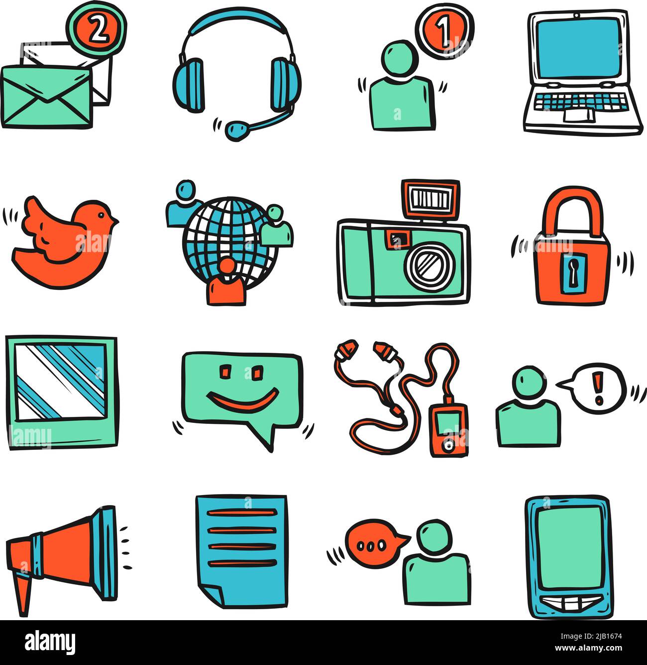 Dessin sur les médias sociaux icônes décoratives ensemble avec email téléphone mobile voix bulle illustration vectorielle isolée Illustration de Vecteur