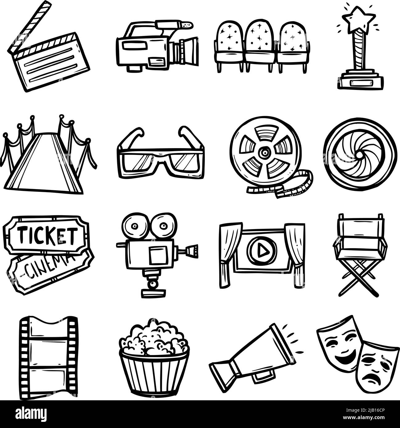 Les arts du cinéma et du divertissement sont des icônes décoratives dessinées à la main et sont décorées de chaises de caméra à panneaux de clopperboard pour une illustration vectorielle isolée Illustration de Vecteur