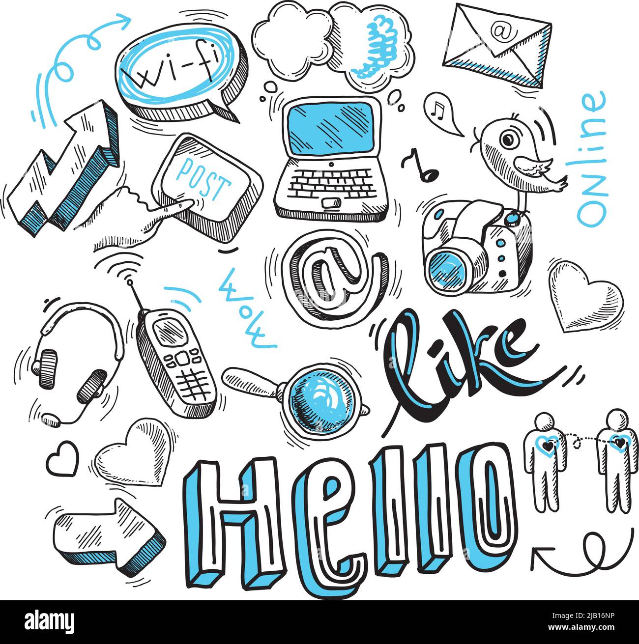 Médias sociaux Doodle signe pour la mise en réseau de blogs et des communications marketing illustration vectorielles Illustration de Vecteur