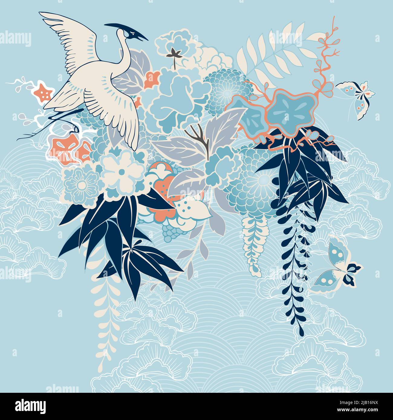 Motif kimono japonais avec grue et fleurs vector illustration Illustration de Vecteur