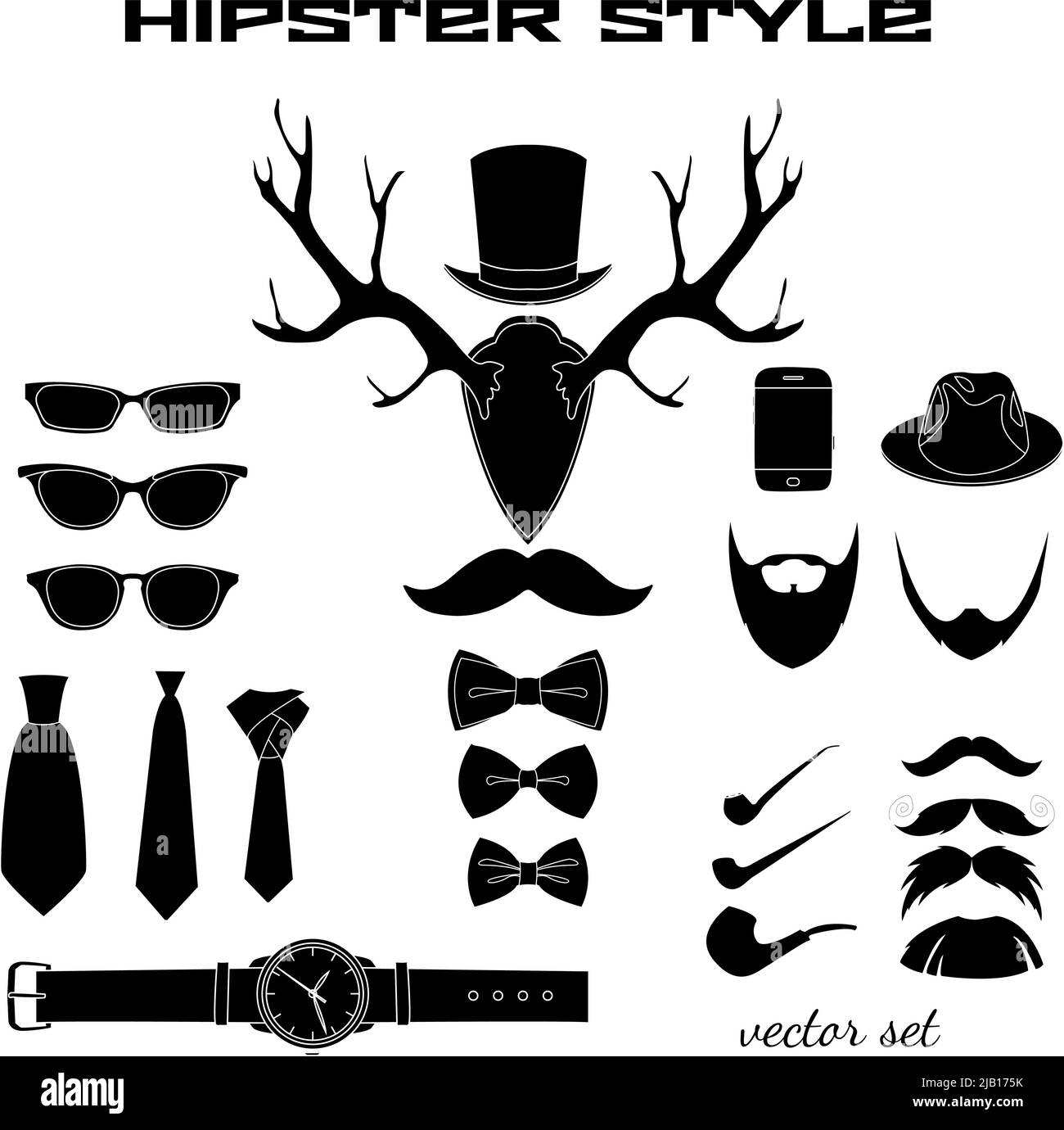 Collection de pictogrammes accessoire hippie lunettes chapeau barbe et moustache Bow tie vector illustration Illustration de Vecteur