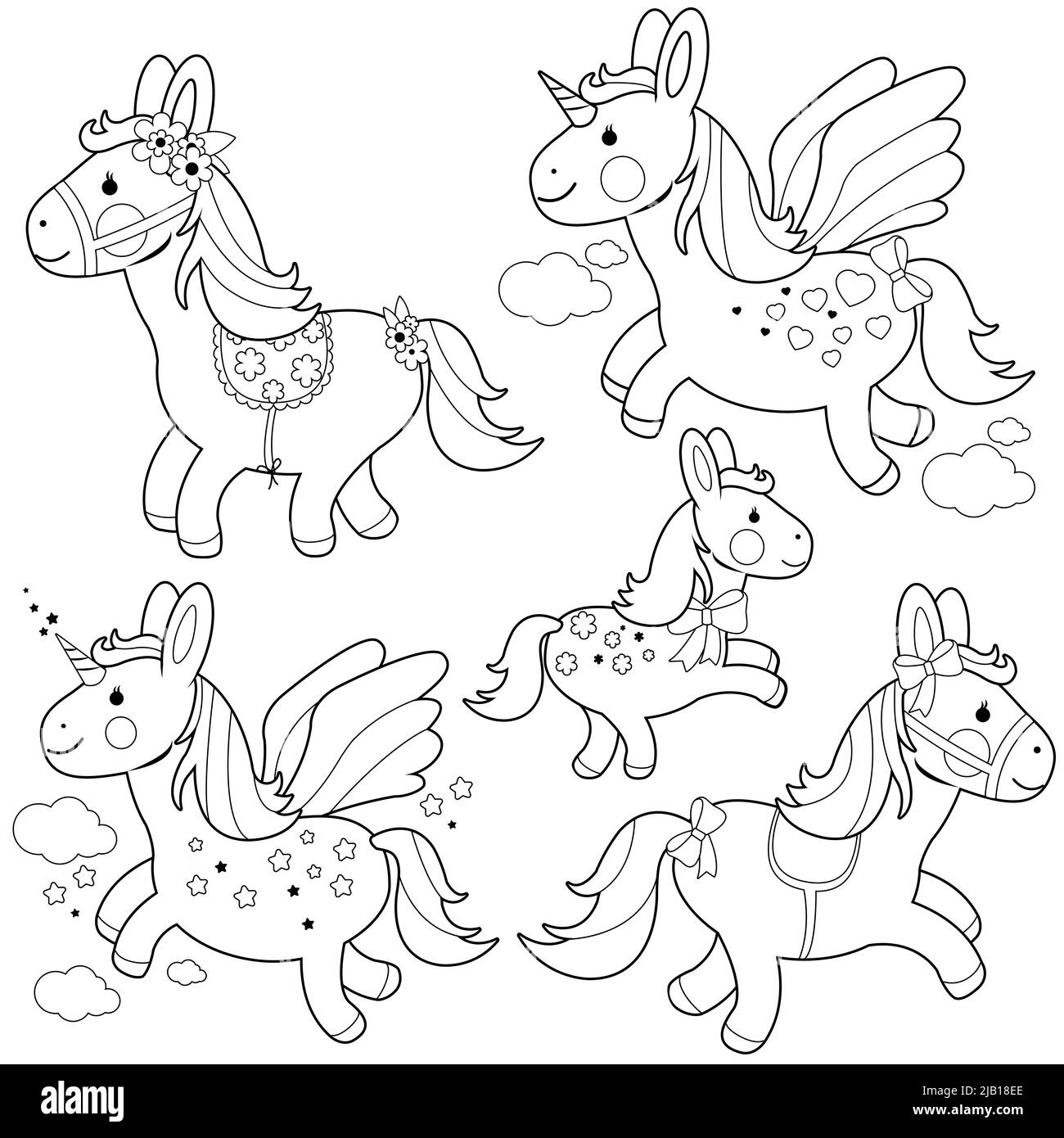 Des poneys et des licornes mignons. Page de couleur noir et blanc Banque D'Images