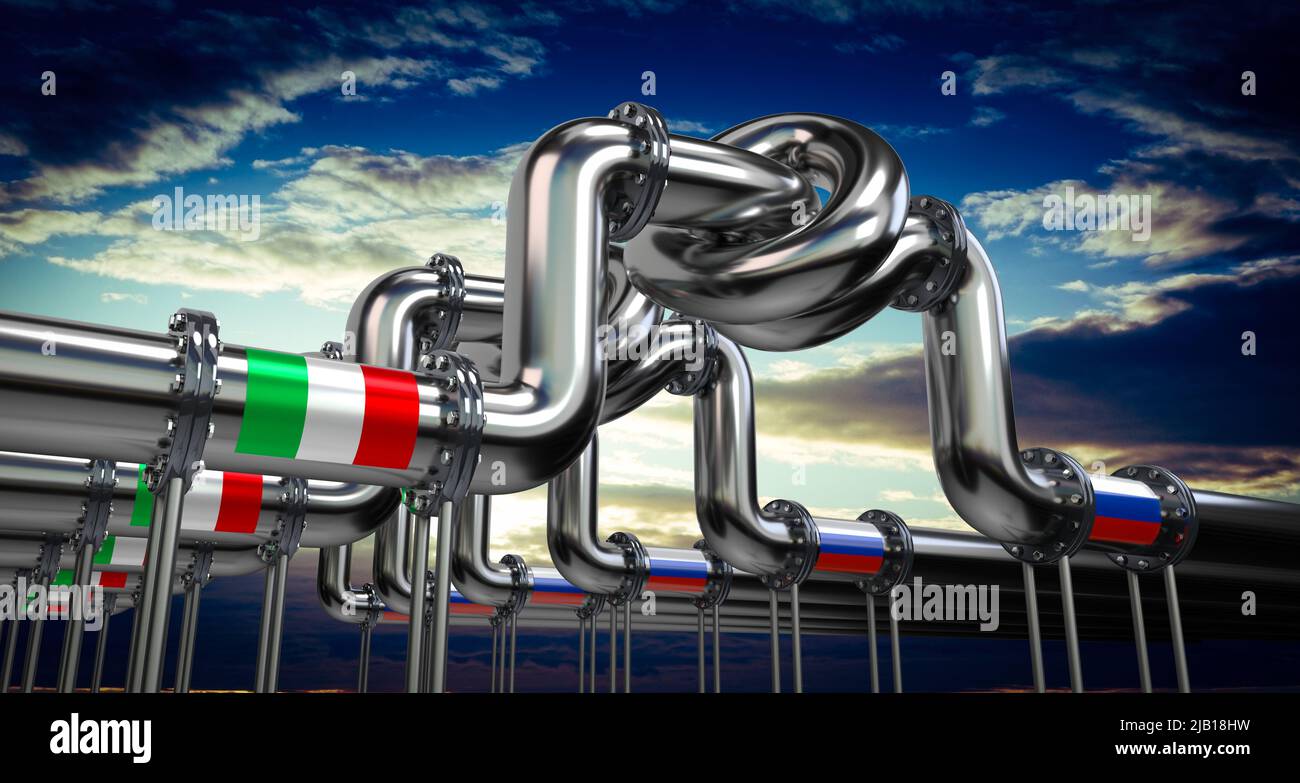 Pipeline de pétrole ou de gaz, drapeaux de l'Italie et de la Russie - 3D illustration Banque D'Images