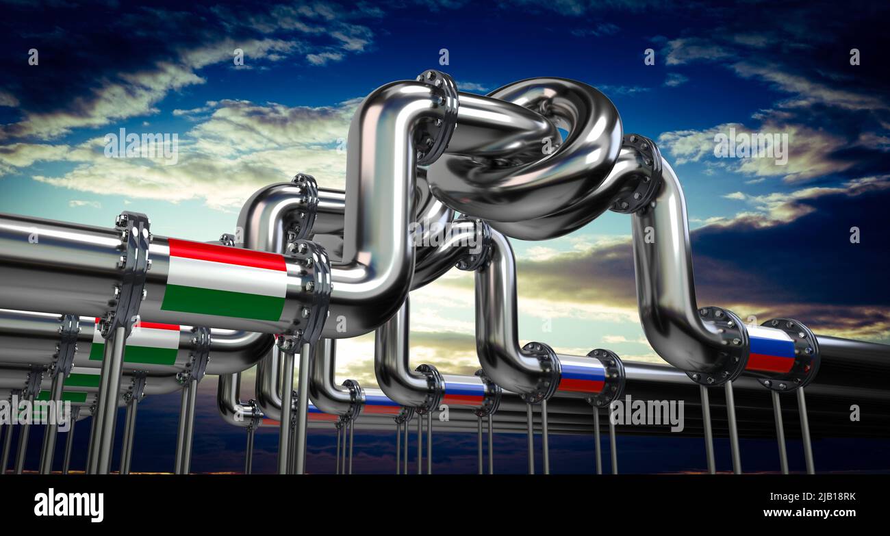 Pipeline de pétrole ou de gaz, drapeaux de la Hongrie et de la Russie - 3D illustration Banque D'Images