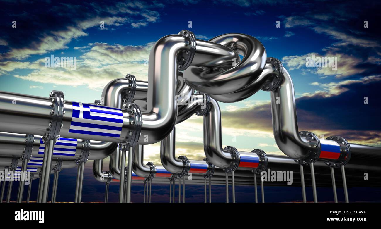 Pipeline de pétrole ou de gaz, drapeaux de la Grèce et de la Russie - 3D illustration Banque D'Images