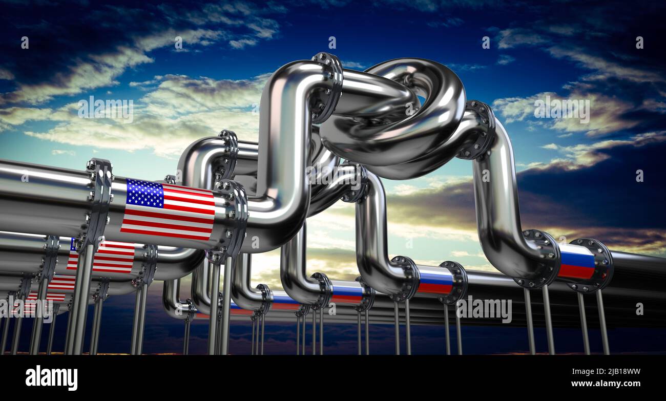 Pipeline de pétrole ou de gaz, drapeaux des États-Unis et de la Russie - illustration 3D Banque D'Images