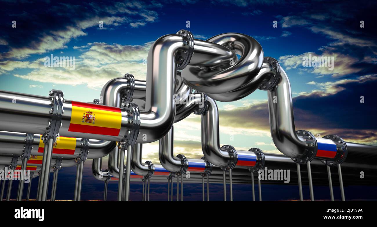 Pipeline de pétrole ou de gaz, drapeaux de l'Espagne et de la Russie - 3D illustration Banque D'Images