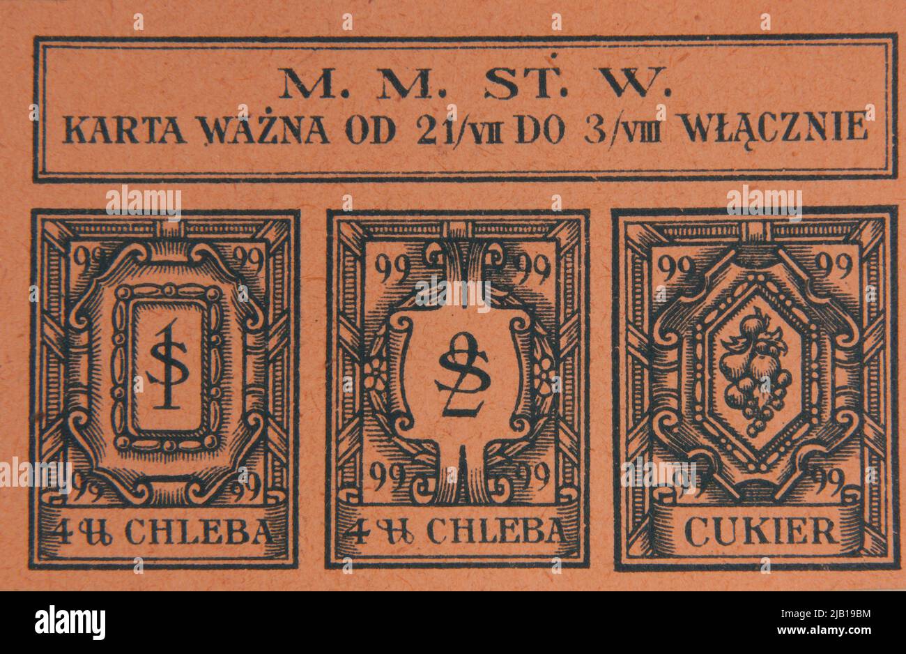 Carte alimentaire en orange, pour le pain et le sucre (3 coupons) Banque D'Images