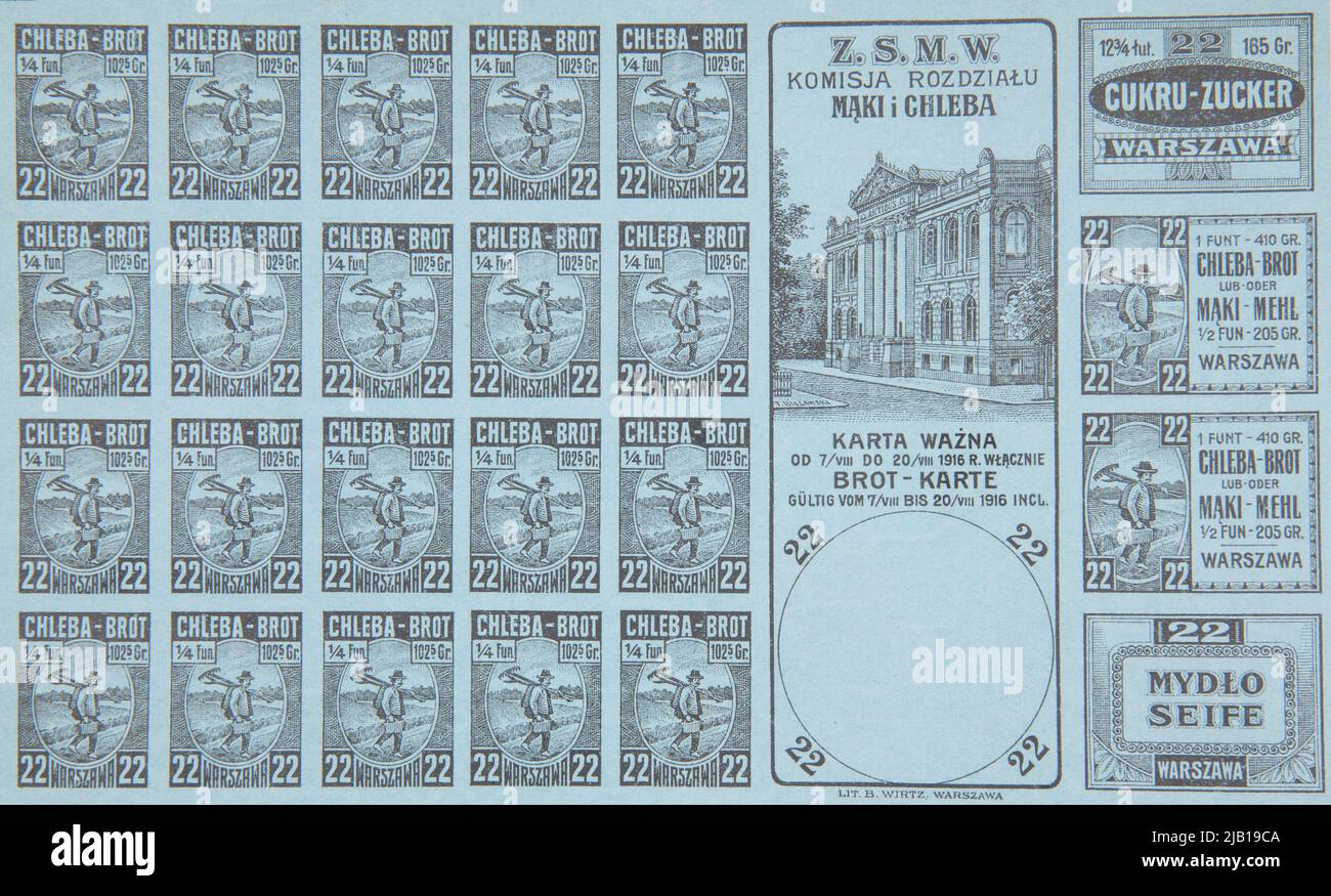 Carte alimentaire bleue pour le pain, le savon et le sucre (24 coupons). Banque D'Images