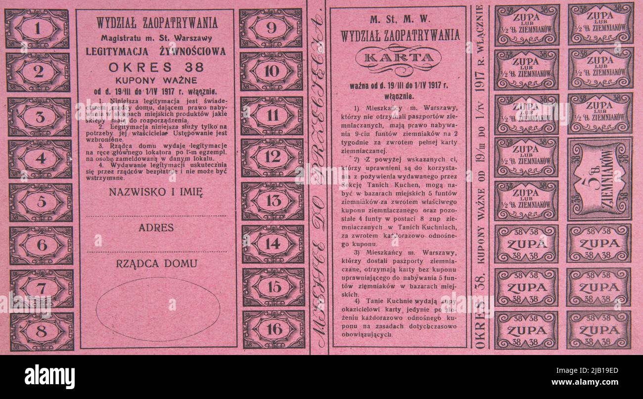 Carte alimentaire pour soupe et pommes de terre en rose (31 coupons). Banque D'Images