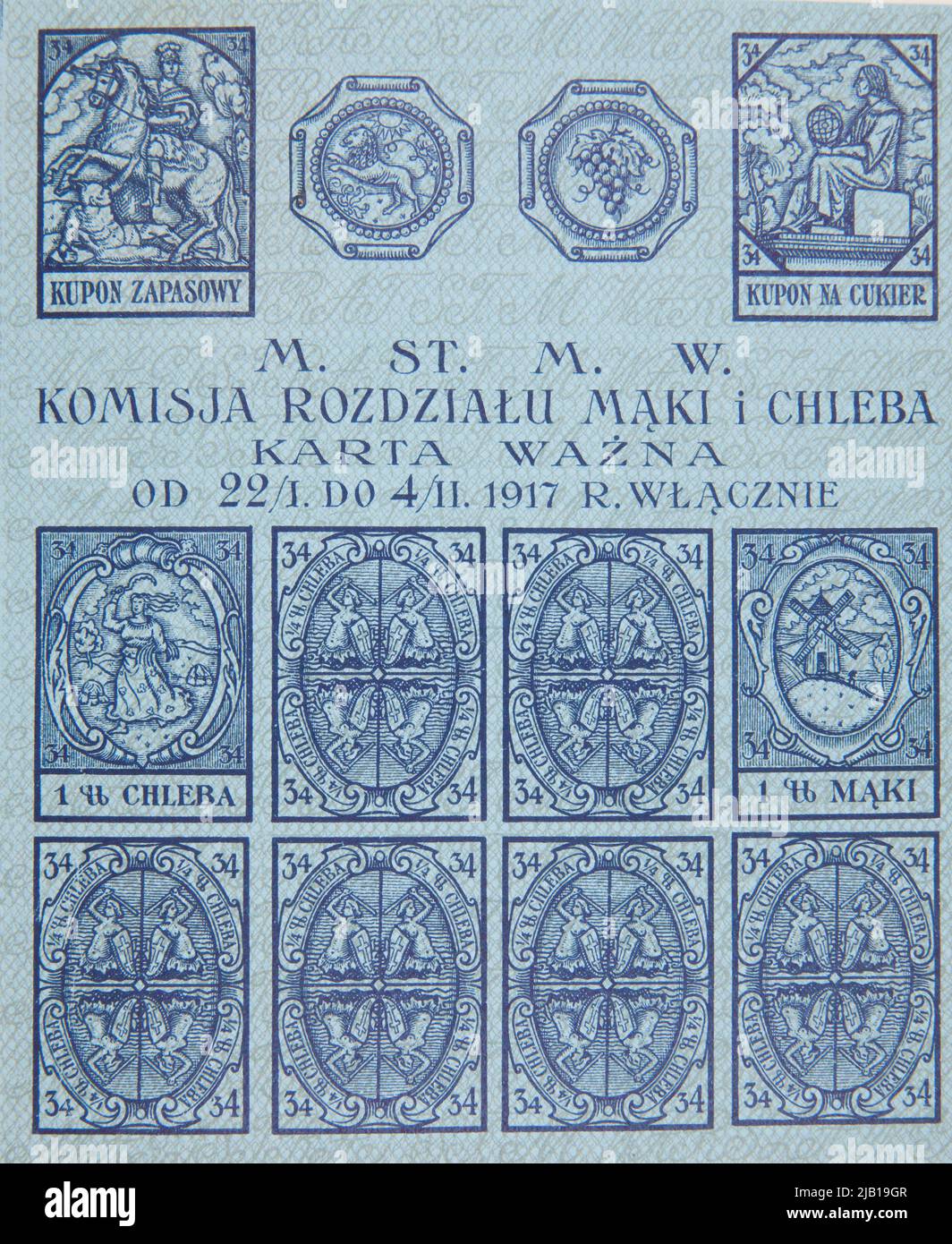 Carte alimentaire sur papier bleu pour le pain, la farine, le sucre (10 coupons). Banque D'Images