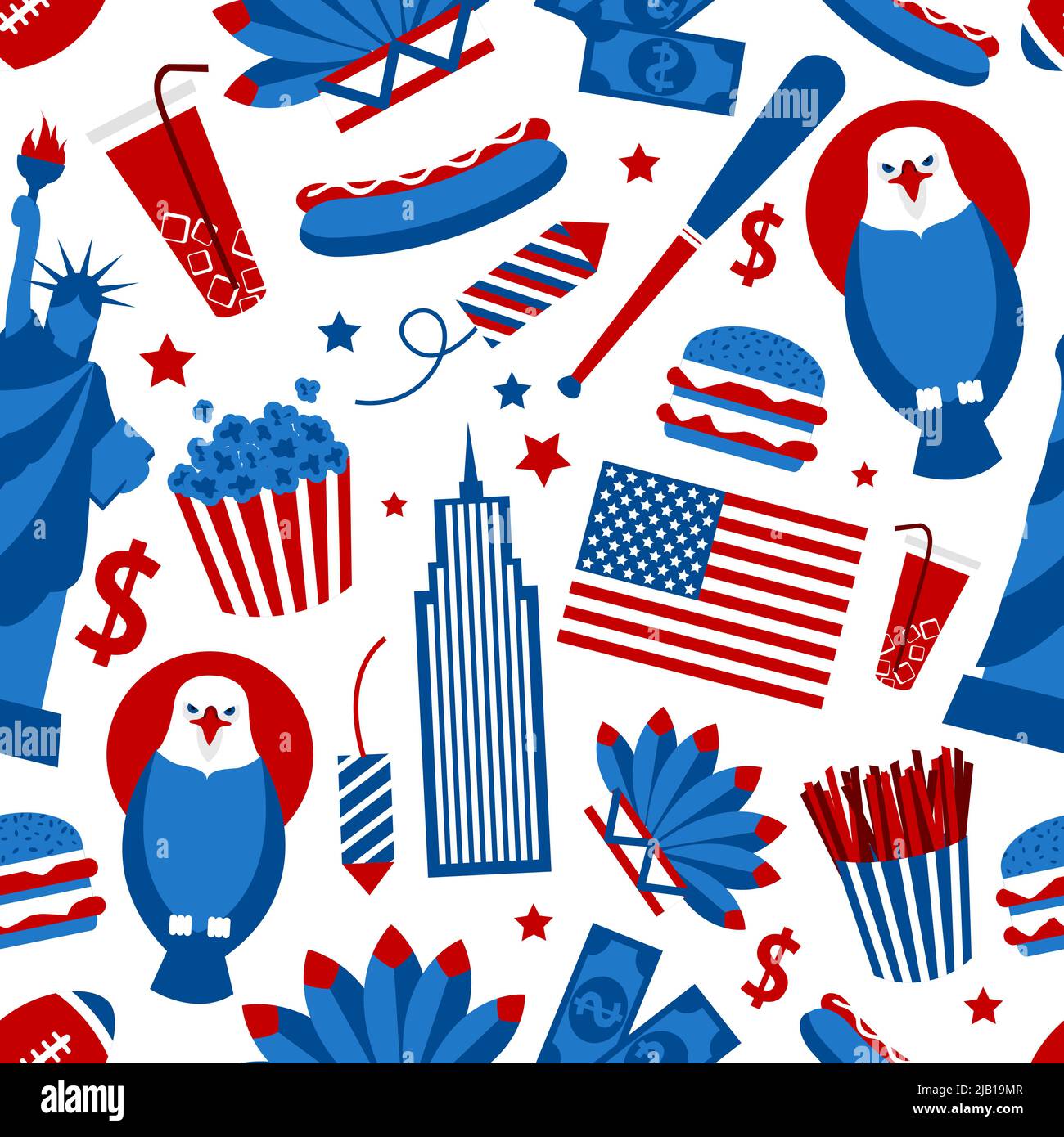 New York USA ensemble de Liberty statue gratte-ciel restauration rapide illustration vectorielle sans couture motif Illustration de Vecteur