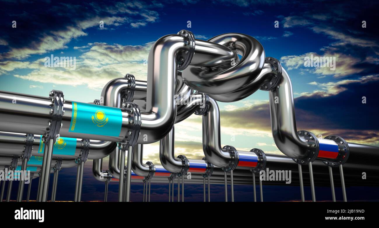 Pipeline de pétrole ou de gaz, drapeaux du Kazakhstan et de la Russie - 3D illustration Banque D'Images