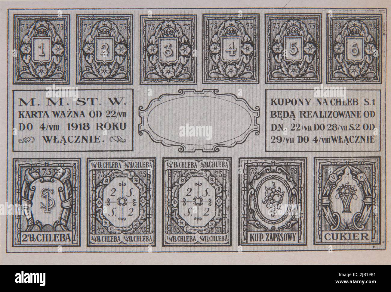 Carte alimentaire en nuances de gris pour le pain et le sucre (11 coupons) Banque D'Images