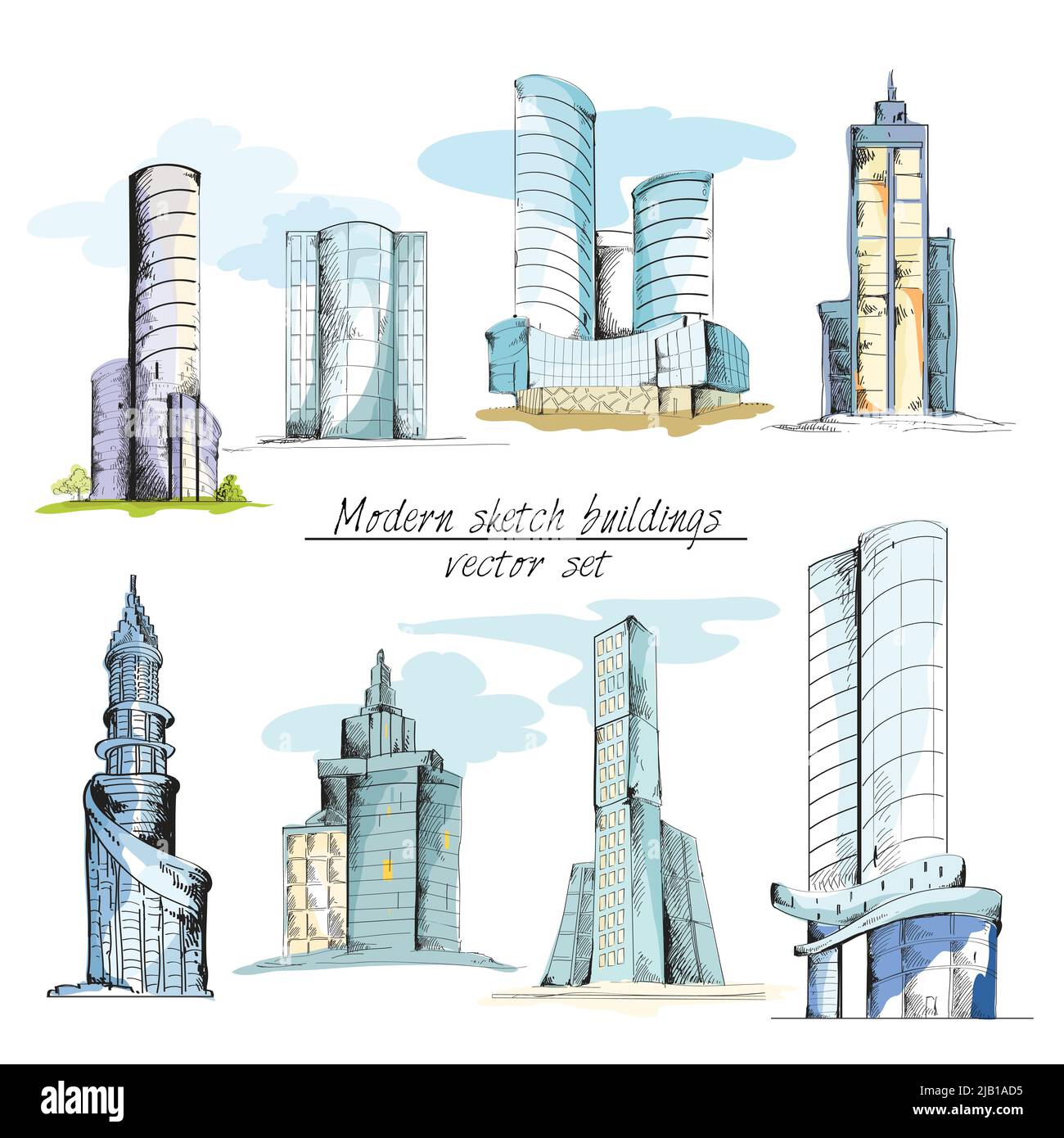 Bâtiment moderne de croquis urbains avec éléments architecturaux illustration vectorielle isolée Illustration de Vecteur