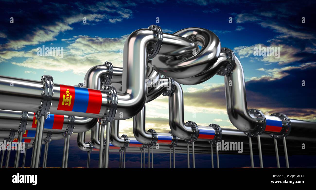 Pipeline de pétrole ou de gaz, drapeaux de la Mongolie et de la Russie - 3D illustration Banque D'Images