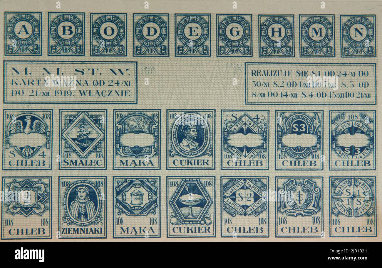 Carte alimentaire grise avec imprimés bleu marine, pour divers produits alimentaires (23 coupons) Banque D'Images