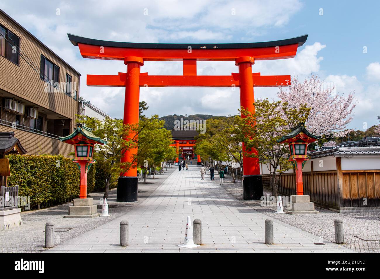 Kyoto, JAPON - 2 avril 2021 : porte de Torii de Fushimi Inari-taisha avec Sakura. Le point culminant du sanctuaire est les rangées de torii appelé Senbon Torii Banque D'Images