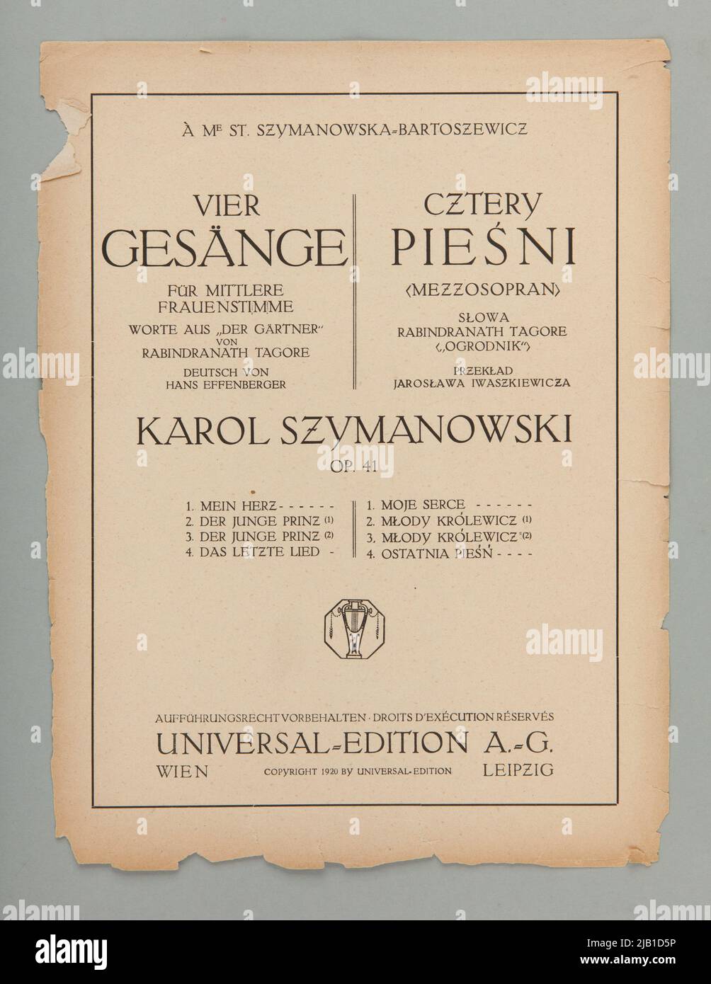 Notes quatre chansons op. 41 avec les mots rabbin Dranath Tagore (jardinier) en traduction de Jarosław Iwaszkiewicz Szymanowski, Karol (1882 1937) Banque D'Images