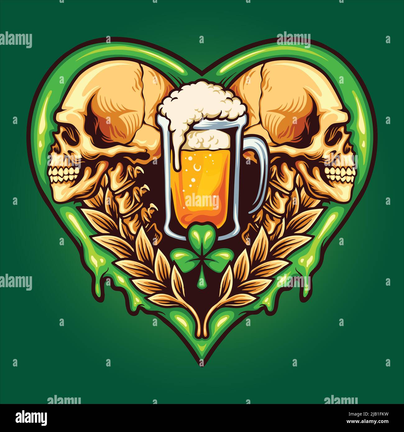 Coeur en forme de crâne de bière avec illustrations vectorielles en forme de trèfle pour votre logo de travail, t-shirt de marchandise, autocollants et étiquettes, affiche, cartes de vœux Illustration de Vecteur