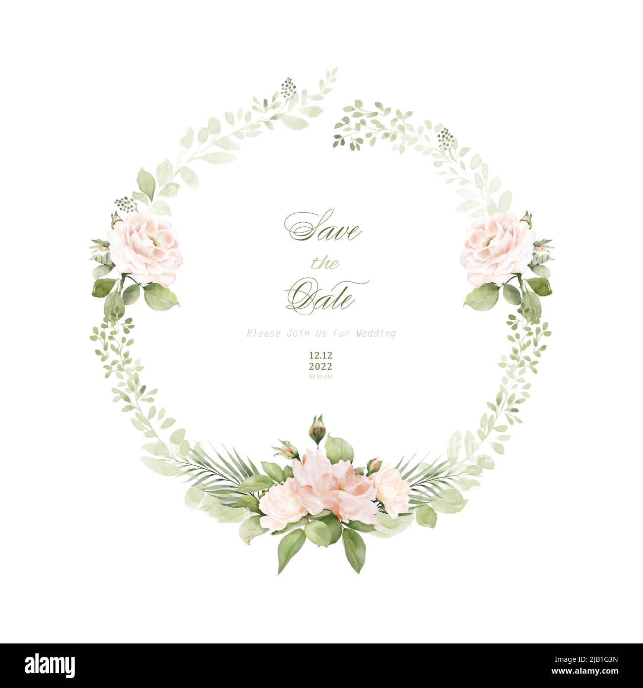 Cadre de couronne aquarelle avec roses et feuilles roses. Compositions vectorielles florales isolées sur fond blanc, adaptées aux invitations de mariage, Illustration de Vecteur