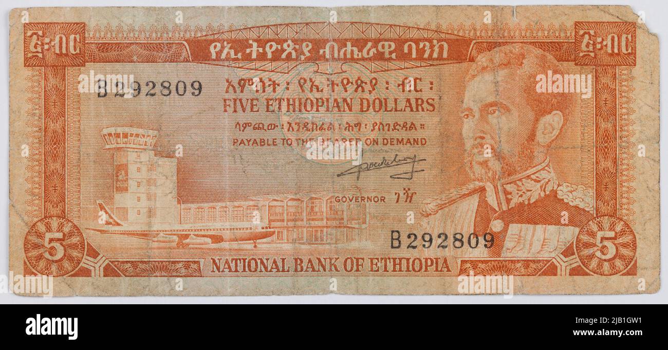 Dollars de banknot 5; Banque nationale d'Éthiopie, Éthiopie, B.R. (1966) Thomas de la rue & Co LD Londres Banque D'Images