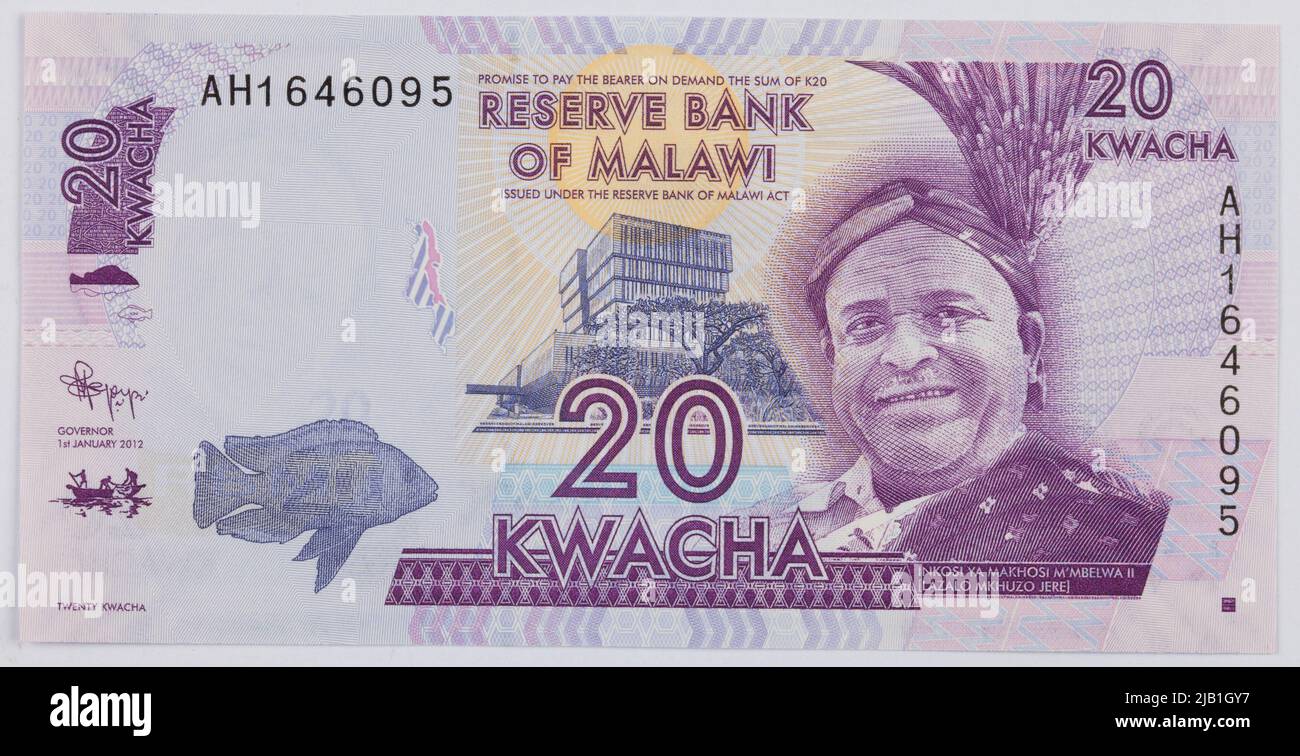 Banknot et 20 sortes; Reserve Bank of Malawi, Malawi, 1.01.2012 r. Banque D'Images