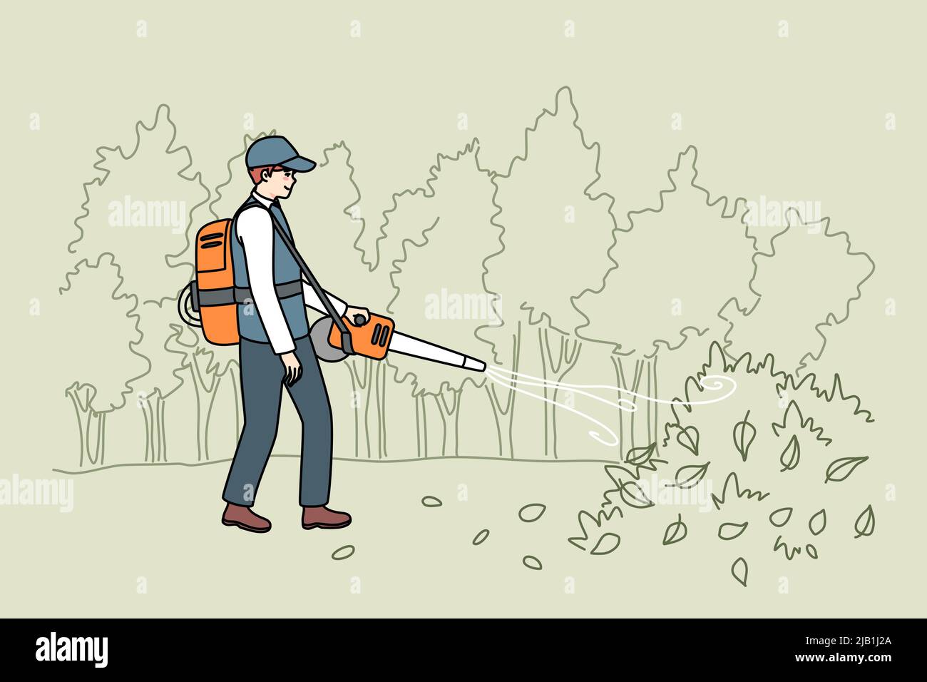 Jardinier masculin en feuilles de collection uniformes avec aspirateur pratique. Homme handyman travaillant à l'extérieur en automne nettoyage de terrain dans le jardin sur l'arrière-cour. Illustration vectorielle plate. Illustration de Vecteur