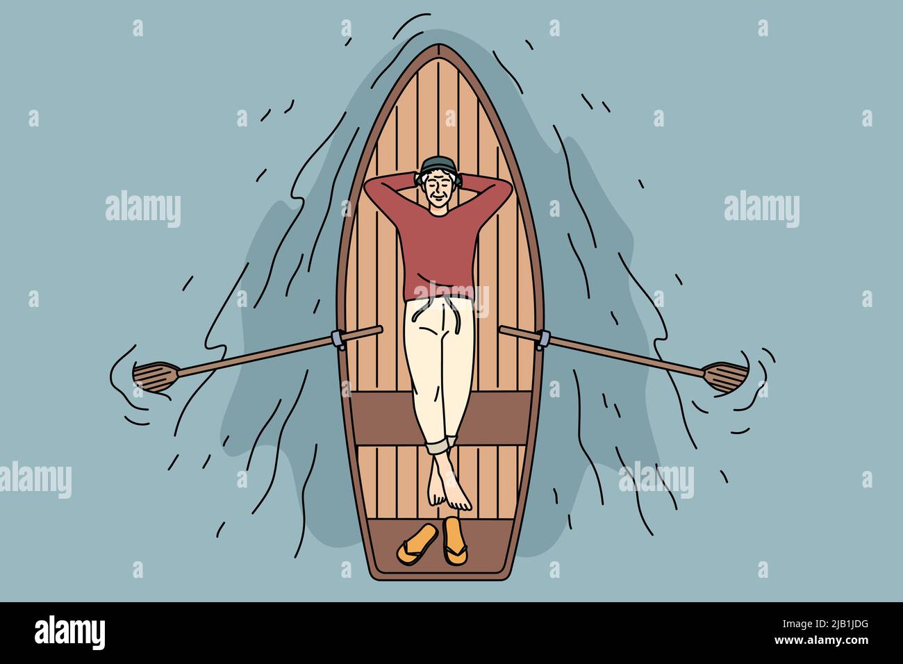 Vue de dessus du vieil homme se reposant sur un bateau flottant sur une rivière paisible. Heureux grand-père mûr dérivant en barque profiter de la maturité. Bonnes années de retraite. Illustration vectorielle. Illustration de Vecteur