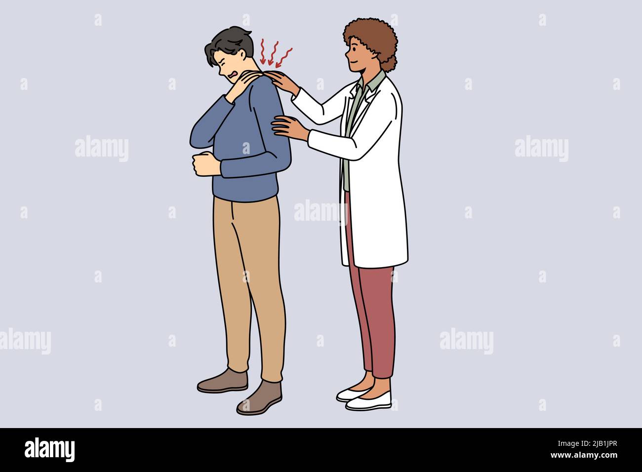 Un physiothérapeute aide un patient mâle souffrant de mal de dos, souffrant de spasme. Femme médecin massez l'homme les muscles de l'épaule ou du cou, soulagez la tension dans le dos. Soins de santé. Illustration vectorielle. Illustration de Vecteur