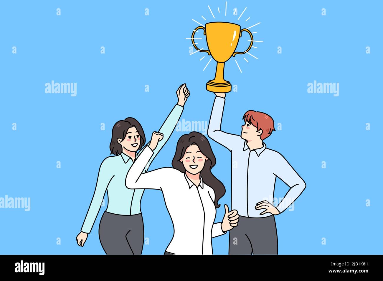 L'équipe de travail surjoyeuse tient le prix d'or célébrer la victoire partagée. Sourire divers employé avec une récompense atteindre la réussite de l'entreprise ou l'objectif ensemble. Travail d'équipe et partenariat. Illustration vectorielle. Illustration de Vecteur