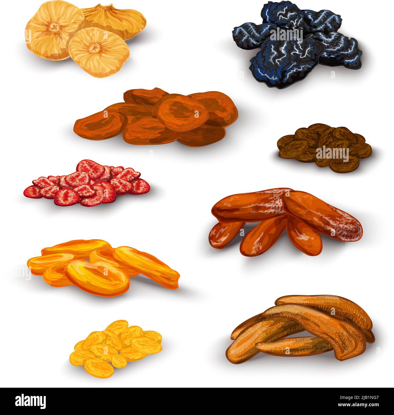 Fruits séchés au soleil aliments nutritifs icônes ensemble avec abricots raisins secs prunes figues abstrait illustration vectorielle isolée Illustration de Vecteur