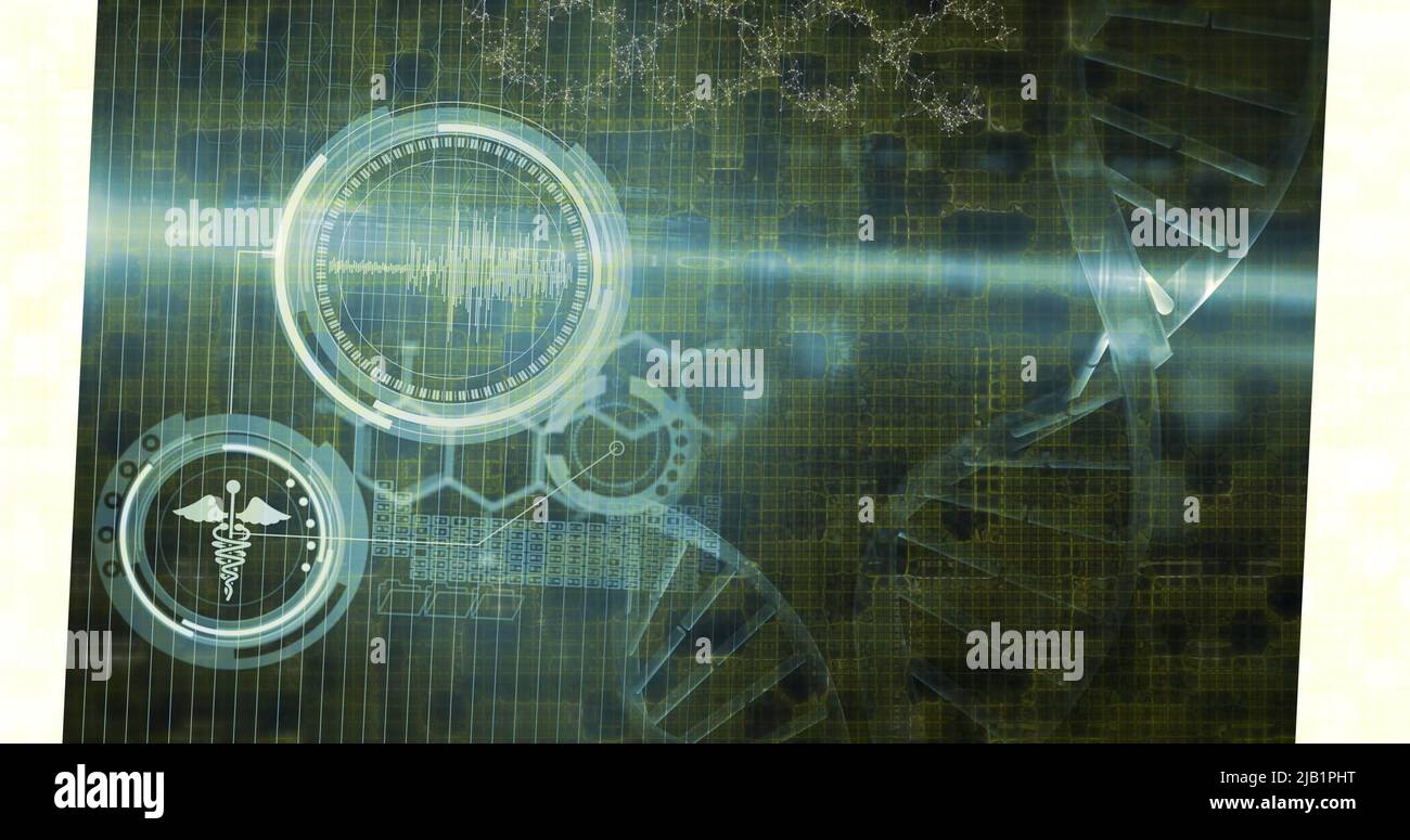 Image de la lecture de l'oscilloscope et de la rotation des brins d'adn avec traitement des données Banque D'Images
