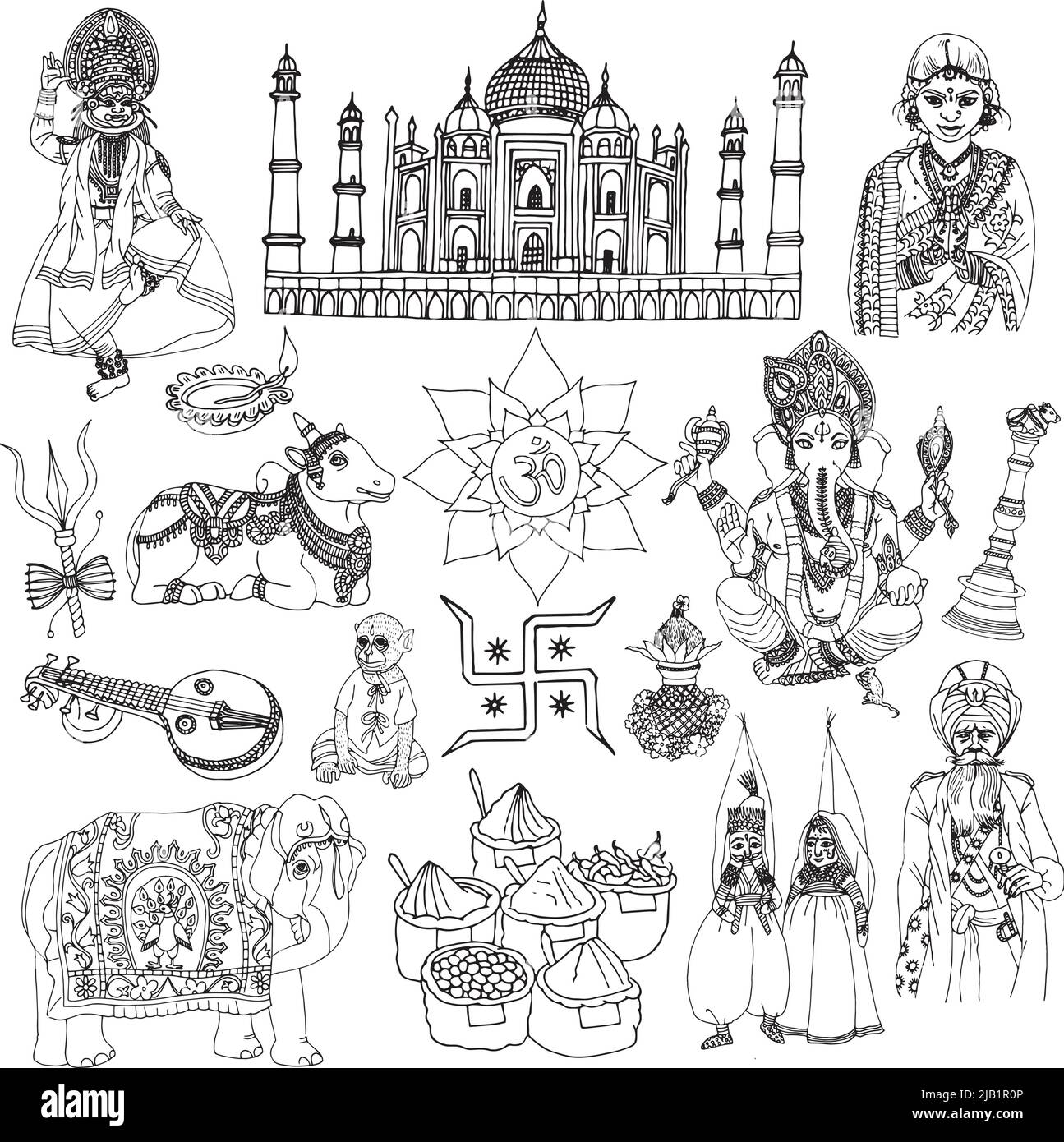 Inde Voyage culture traditionnelle esquisse icônes décoratives ensemble avec éléphant lotus bouddha illustration vectorielle isolée Illustration de Vecteur