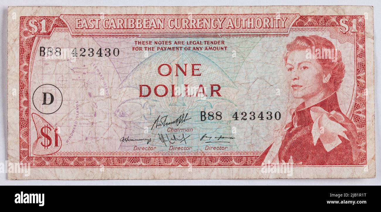Billet de banque 1 dollar; Autorité monétaire des Caraïbes orientales, Caraïbes orientales; B.R. (1965). Thomas de la rue & Co LD Londres Banque D'Images
