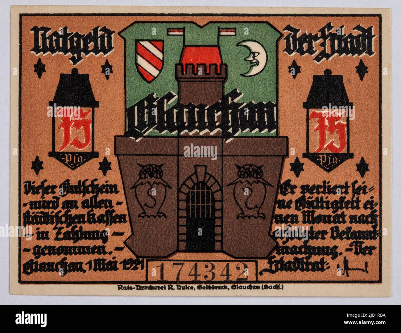 Bon de remplacement; Allemagne (République de Weimar); Glauchau; 75 pfennig; 1921. Council Printing R. Dulce, pression monétaire, Glauchau Banque D'Images