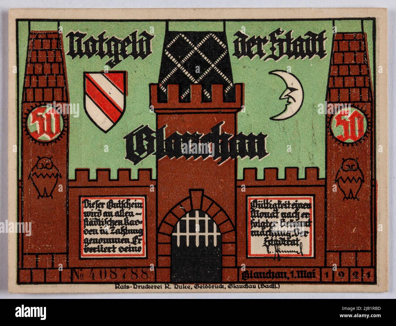 Bon de remplacement pour 50 pfennig, ville, Glauchau, Allemagne, 1.05.1921. Council Printing R. Dulce, pression monétaire, Glauchau Banque D'Images