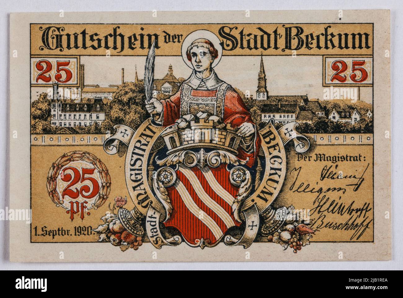 Bon de remplacement AU 25 Pfennig, Stadt, Berkum, 1.09.1920. Banque D'Images