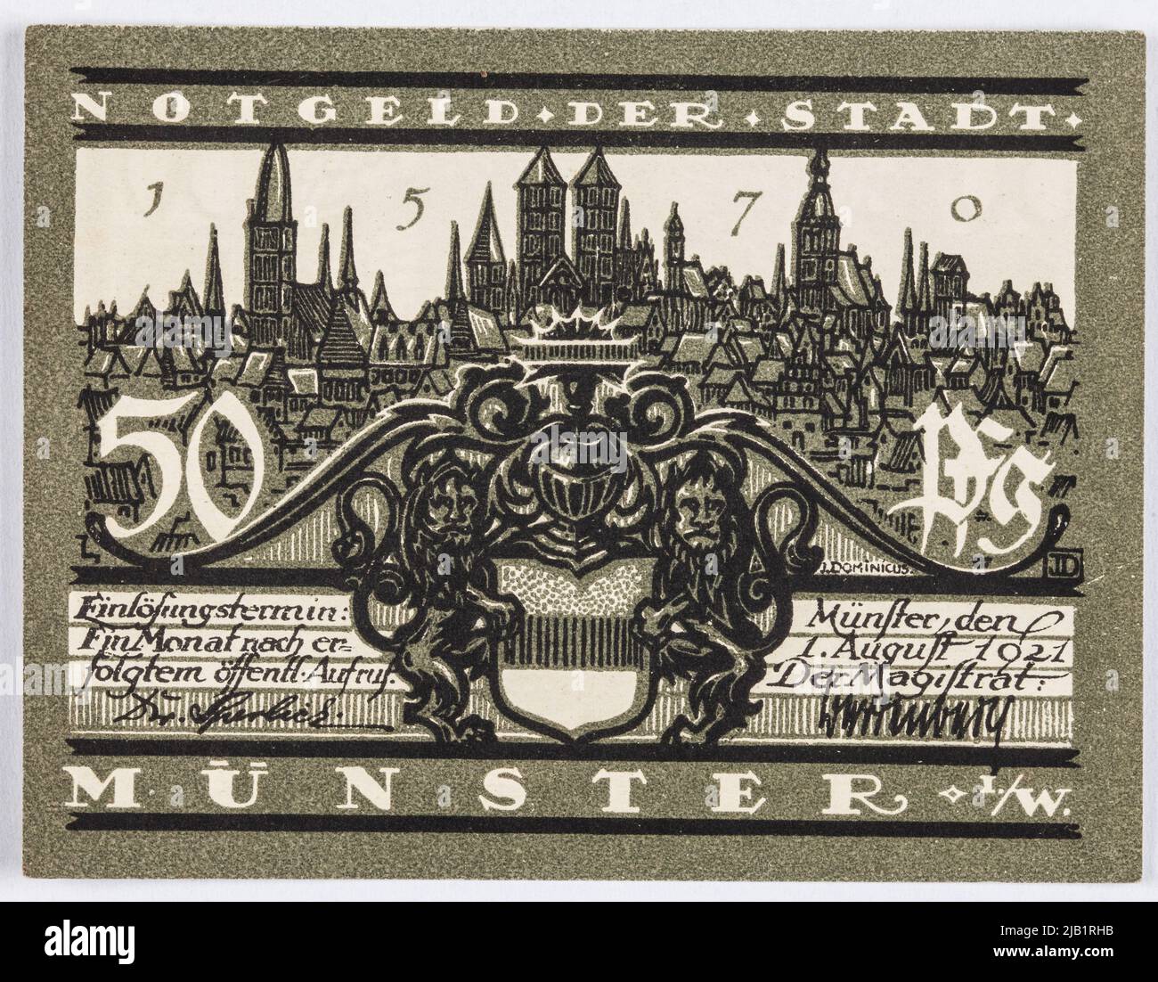 Bon de remplacement pour 50 pfennig, ville, Münster, Allemagne, 1.08.1921. Banque D'Images