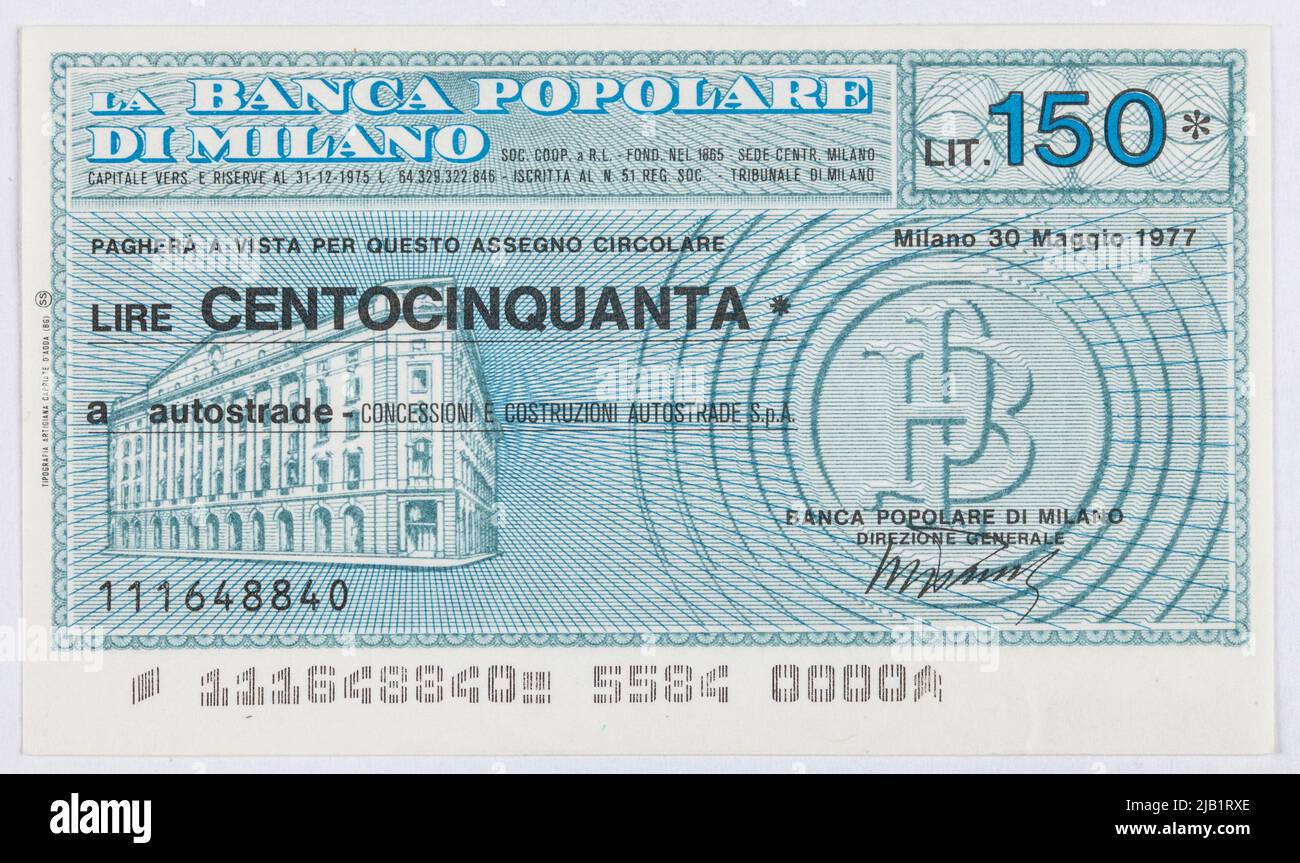 Bon (mini chèques) na 150 lire, Banca Popolare de Milano; Milan, Włochy, 30.05.1977. Typographie artisanale de Capriate d'Adda Banque D'Images