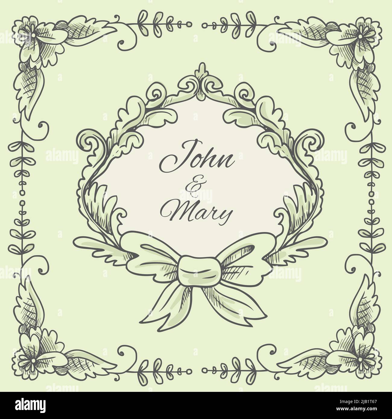 Couronne de mariage avec calligraphie vignette florale cadre de voeux carte postale esquisse illustration vectorielle Illustration de Vecteur