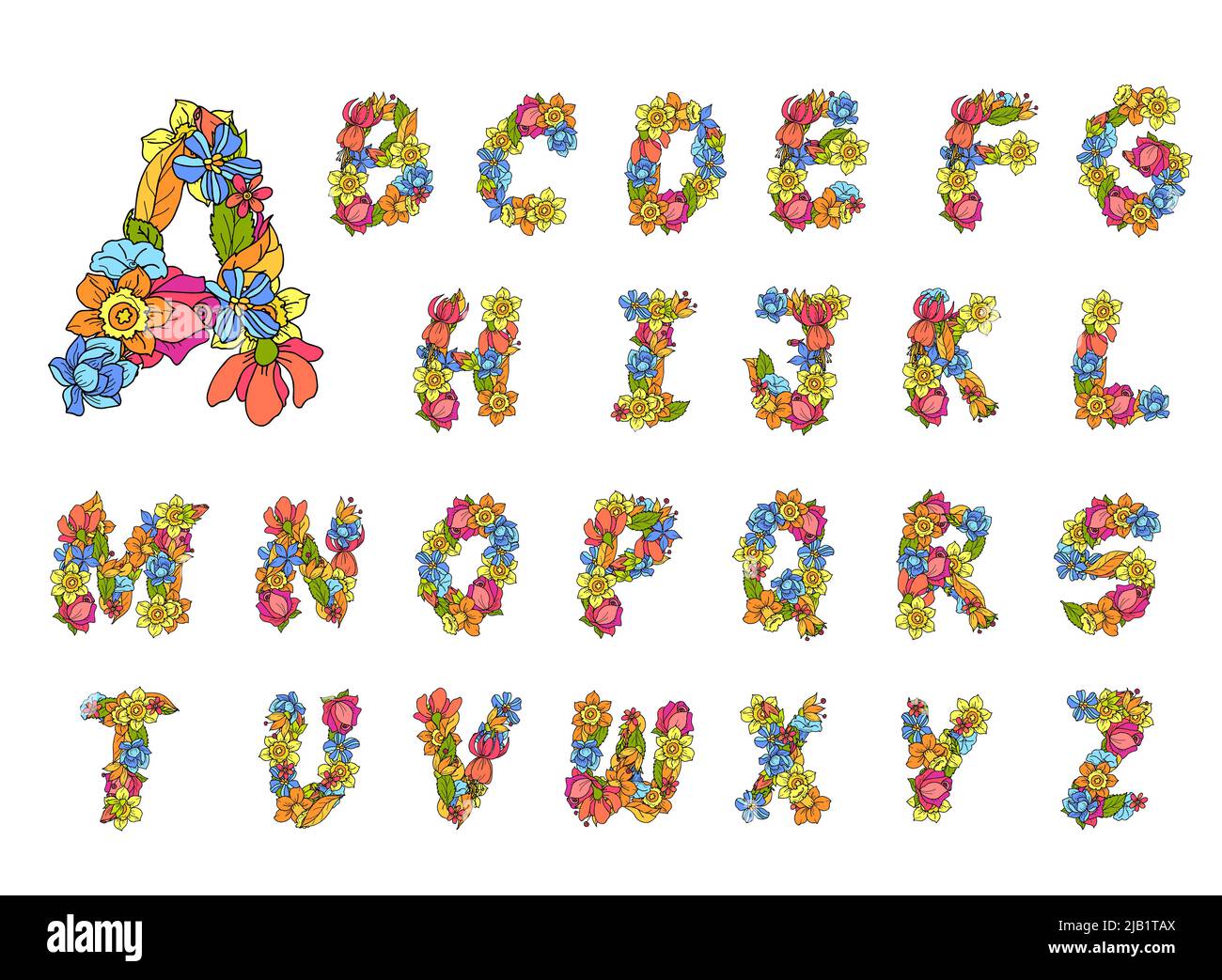 Fleurs alphabet de couleur abc lettres décoratives icônes ensemble isolé illustration vectorielle Illustration de Vecteur